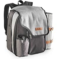 VonShef Mochila De Picnic Deluxe 2 Personas con Mantel – Acabado Premium Gris- Incluye Set De Vajilla De 17 Piezas Y…